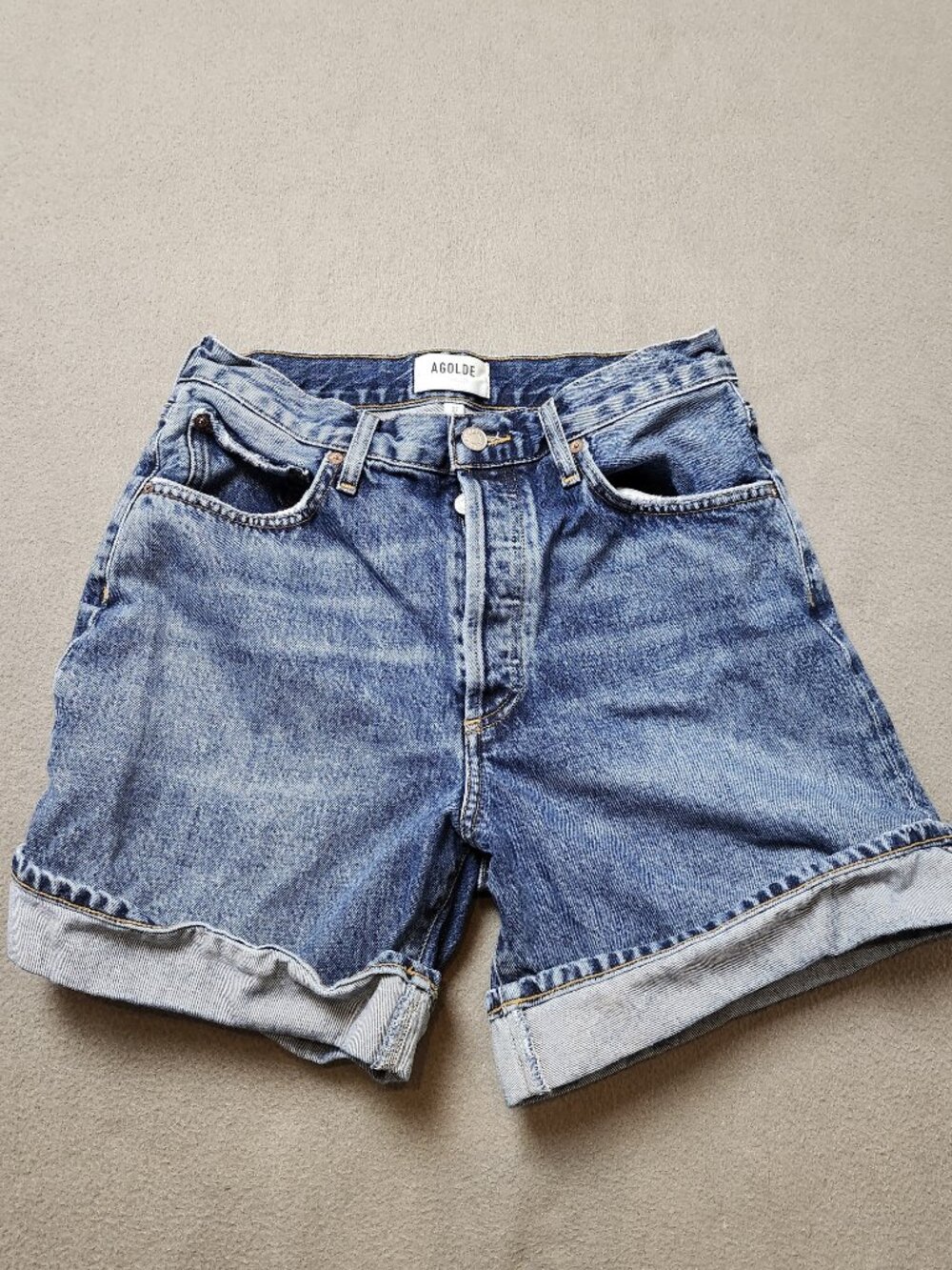AGOLDE Dame High Rise Rolled Cuff Denim Shorts Women's 27 Medium Wash